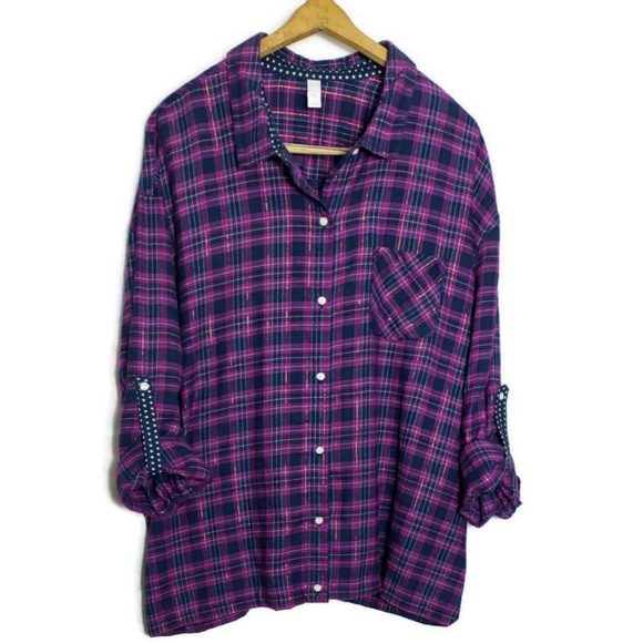 Old Navy Tops - Plaid Flannel Button Up Top Roll Tab Sleeves XXL